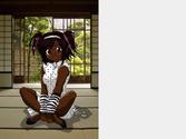 Il s'agit d'une jeune femme africaine, accroupie sur un fond tatami, réalisé sur Photoshop