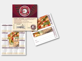 Réalisation d'une carte de visite reprenant le logo du restaurant. Ajout d'un plan d'accès et d'une carte de fidélité pour les pizzas à emporter.