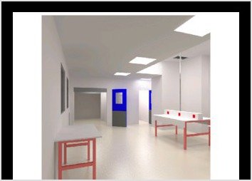 Image 3D d'une salle blanche réalisée au sein d'un bâtiment industriel pharmaceutique. Tout l'agencement est guidé par une obligation anti-bactérienne (les assemblages de cloisons, portes et fenêtres doivent être parfaitement affleurants).