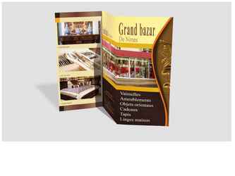 Dépliant présentation de la boutique "Grand Bazar de Nimes". Proposition suivant la demande client: Dépliant recto verso, format A4, 3 volets, 6 pages, 2 plis, couleur quadri. Inclus, le choix de typographies (à acheter si elles sont sous copyright). Le temps de travail effectif; recherche, exécution, validation et l'exécution finale, égale à 35 heures, donc 5 jours