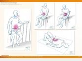 Illustrations intégrées à des fiches pédagogiques pour aider les patients atteints de déficiences musculaires et respiratoire à faire des exercices de rééducation physique.