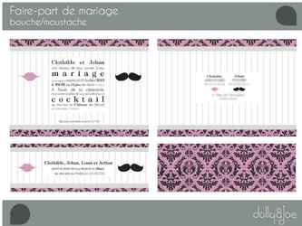 Création d'un faire part de mariage autour du thème Bouche + Moustache
+ Carton repas
+ Création de timbre personnalisé
+ Création d'autocollant
+ Création de remerciement "Lendemain de fête"