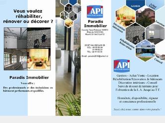 Dpliant publicitaire 3 volets pour Agence Paradis Immobilier, entreprise de prestations de services immobiliers.