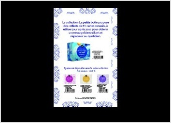 L'image est un design promotionnel pour une collection intitulée "Les 5 principes du Reiki au quotidien", éditée par Éditions Contre-Dires. 
?	Contenu principal :
o	Texte introductif en haut : "La collection La petite boîte propose des coffrets de 81 cartes conseils, à utiliser jour après jour, pour obtenir un message bienveillant et s'épanouir au quotidien." Ce texte présente l'objectif de la collection.
o	Illustration d'un coffret : L'image du coffret bleu clair est affichée, avec le titre "Pour vivre les 5 principes du Reiki au quotidien".
o	Prix : Le prix et le code-barre est indiqué pour les coffrets, ainsi que pour trois autres coffrets similaires de la collection, chacun centré sur une pratique spirituelle ou de bien-être.
?	coffrets de la collection :
o	Un coffret est mis en avant : il est au centre du flyer et photographié en 3D
o	3 autres coffrets sont montrés photographiés de face et disposés en ligne et plus petits.

Conclusion générale :
L?ensemble du flyer (recto et verso) est clairement une promotion pour une série de coffrets de cartes axés sur le bien-être quotidien, l?épanouissement personnel, et des pratiques spirituelles comme le Reiki, la méditation, et la gratitude. L?esthétique choisie est douce et apaisante, en accord avec le message de bienveillance et d?épanouissement que ces produits semblent véhiculer.
