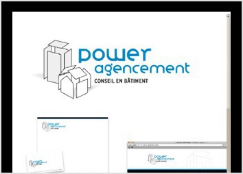 Cration de toute l identit visuelle de Power Agencement, socit de conseil en btiment : logo, charte web et papeterie