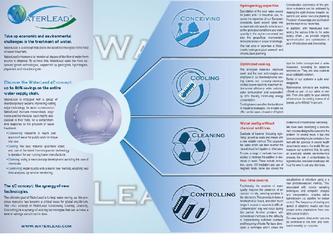 Intérieur d'une plaquette A3 ouverte.
Ligne graphique de WaterLead
Dessin (bulle)
Pictogrammes
Rédaction des textes (en français, traduits ensuite en anglais, allemand, russe).
Mise en page
Les effets de matière sont faits dans InDesign.