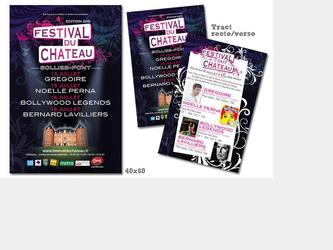 Communication du "Festival du Chteau". Concept, image, mise en page, gestion de l ensemble de la communication de l vnement avec dclinaison sur de multiples supports : affichage urbain 40x60, 80x120, 4x3, sur lieux de vente (fnac, Virgin...), flyer, annonces presse, bannires, merchandising, signaltique...