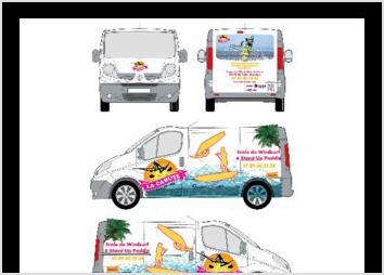 Conception graphique pour La Cahute Windsurf School. Habillage publicitaire grand format sur un Renault Trafic.