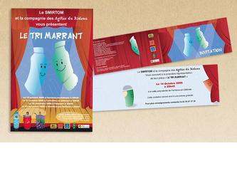 Client : le SMIRTOM de Montargis
Projet culturelle autour du tri sélectif avec des enfants.
Affiches, flyer et carton d'invitation.
J'ai trouvé le titre, réalisé les illustrations et la conception graphique.
