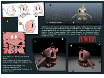 L'un des personnages réalisé pour le film de troisième année, Try Again. Un personnage type cartoon, mignon et innocent.
Pour ce projet j'ai défini le design et la couleur, réalisé la modélistion, puis le skinning et l'animation.