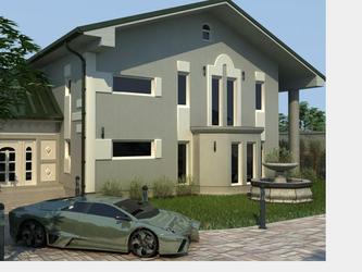 conception 3d avec une maison et une Lamborghini