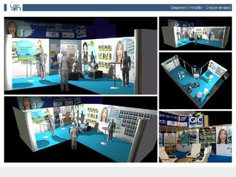 Cration d un stand pour un salon de l immobilier (54 m), conception structurelle, conception visuelle, suivi ralisation.