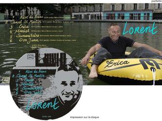  couverture et dos d'une plaquette pour un musicien.
J'ai déterminé le concept, bateau gonflable sur le canal St Martin alors que le chanteur parle de l'ERICA.
Avec le chanteur nous avons choisi les photos.
Ensuite j'ai décidé du graphisme et des couleurs, et j'ai crée la plaquette et la pochette + limpression sur le disque le tout sur photoshop.
Comme c'était pour un ami je n'ai pas demandé de L'argent.