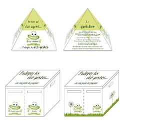 Etudes pour la création graphique, la mise en volume et la conception dobjets de communication interne : boite de recyclage du papier et pyramide Eco gestes