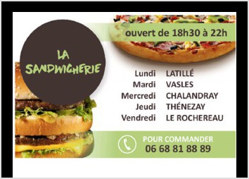 Carte de visite pour un client tenant une Sandwicherie ambulante. J'ai utilisé deux couleurs, le marron et le vert. Ces couleurs rappellent la viande pour le marron et la salade, les cornichons, les poivrons pour le vert. Elle reste très simple car c'était le souhait du client, simple et efficace.