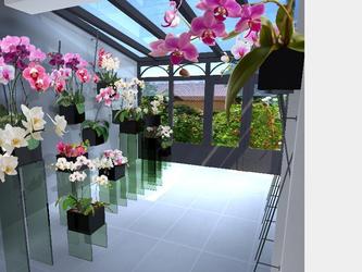 Création d'un jardin d'hiver d'orchidées dans une  véranda existante.
Logiciels utilisés : Vectorworks / Artlantis / Photoshop
