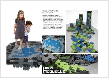 PIXEL MOQUETTE (www.pixelmoquette.com) est un jeu de construction de 400 morceaux de feutre identiques à assembler pour former des volumes en 3D, ou à plat pour composer un tapis qui s'intègre à l'environnement des adultes. /// Les pièces sont réversibles et les possibilités d'assemblage sont infinies, ce qui permet de modifier l'apparence du décor facilement. 


