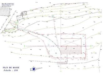 Plan de masse pour une exploitation agricole. Courbes de niveaux, projet de talutage, réseaux et bâtiment.