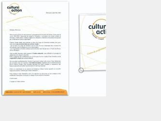 Culture action identit visuelle2000-2007* Graphiste indpendantCulture action est un centre de professionnalisation artistique et culturelle bas  Besanon.Il accompagne diffrents acteurs de la vie artistique et culturelle (artistes, musiciens,administrateurs, relations publiques, graphistes, photographes, sculpteurs, comdiens, metteurs en scne,...) dans leur dmarche de professionnalisation.Cration de lidentit visuelle, logo, conception de lensemble des documents de communication.