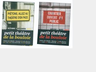 Petit thtre de la Bouloie 1identit visuelle + programmes2001-2004* Graphiste indpendantLe Petit thtre de la Bouloie est un thtre situ au cur du Campus tudiant de Besanon.Un nouveau projet se met en place, un projet en chantier tourn autour de la programmation dartistes rgionaux, du soutien  la jeune cration, la chanson franaise. Il sagit de rendre visible ce lieu auprs dun public nophyte dtudiants.Impression 2 couleurs.