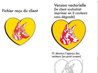 Ce client souhaitait imprimer leur logo sur des drapeaux (en 3 couleurs a plat )mais ne disposait pas d'une fichier vectorielle. 

Vous voyez ci-contre, le fichier qui m'a été fourni par le client, le version vectorielle redesinné par mes soins, ainsi qu'une print screen montrant l'aperçu des contours (vecteurs) en Illustrator qui montre la qualité de mon travaille de vectorisation.